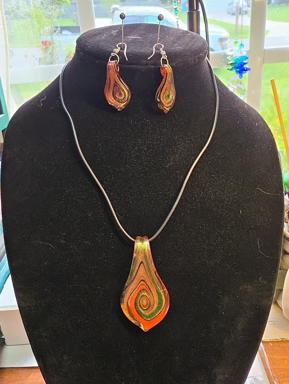 Handmade Swirl Glass Pendant Necklace and Earring Set - Orange/Green